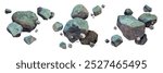 3D space falling meteorite, galaxy realistic stone render, flying asteroid explosion grey rocks. Geology nature debris design elements, cosmic comet fragment, big mineral. Space meteorite surface set