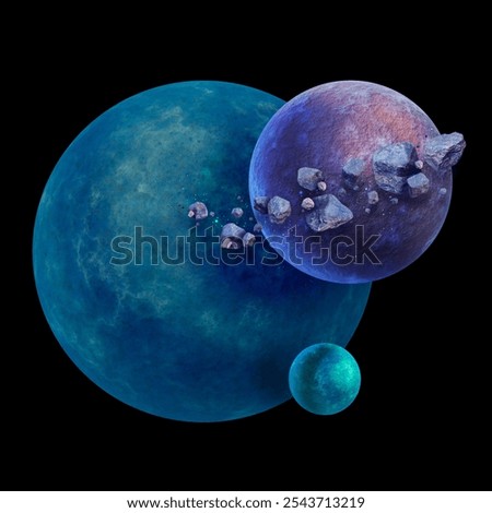 3D space planet concept, alien sci-fi realistic satellite asteroid illustration rock debris render. Dark cosmic universe exploration illustration blue round fantasy moon closeup. Isolated space planet