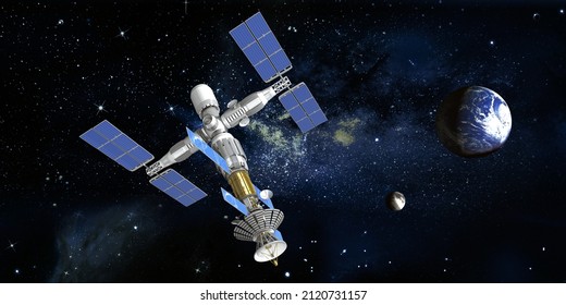 3d Space Shuttle, Spaceship With Telescope, Solar Sail In Orbit Around Earth