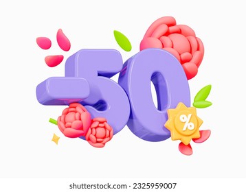 3D Special summer and spring offer. 50% off discount promotion sale. Purple volume number with rose flower. Seasonal shopping. Cartoon creative design icon isolated on white background. 3D Rendering - Powered by Shutterstock