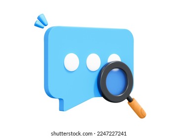 3D Speech bubble message with magnifier. FAQ concept. Online support center. Reference contact service. Question and answer. Cartoon creative design icon isolated on white background. 3D Rendering