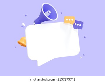 3D Speech Bubble Message With Megaphone And Bell Notification. Subscribe And Newsletter Concept. Banner Template With Empty Copy Space For Promotion. Blank Mockup. Reminder Popup. 3D Rendering