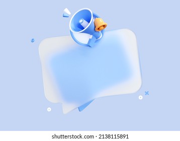 3D Speech Bubble Message With Megaphone And Bell Notification. Banner Template With Empty Copy Space For Promotion And Text. Reminder Popup. Social Media Marketing Concept. Blue Design. 3D Rendering