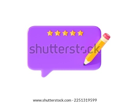 3D Speech bubble message with pencil. Writing feedback. Notes and stars app. Online chat concept. Memo and pen. Cartoon creative design icon isolated on white background. 3D Rendering
