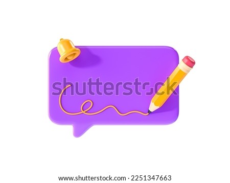 3D Speech bubble message with pencil and bell. Writing feedback. Notes and drawing app. Online chat concept. Memo and pen. Cartoon creative design icon isolated on white background. 3D Rendering