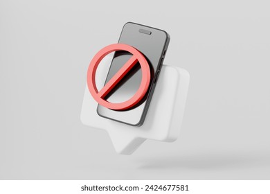 3D Speech Bubble Mobile phone with Forbidden sign with red crossed circle icon. Minimal Cartoon design creative icon isolated on white background. 3D Rendering.