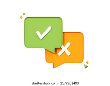 3D Speech Bubbles With Tick And Cross Mark. Survey Reaction Icons. Yes And No Button. Accepted And Rejected Concept. Check Mark. Cartoon Creative Design Icon Isolated On White Background. 3D Rendering