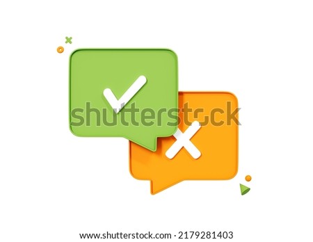 3D Speech bubbles with tick and cross mark. Survey reaction icons. Yes and no button. Accepted and rejected concept. Check mark. Cartoon creative design icon isolated on white background. 3D Rendering