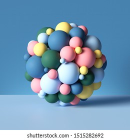 3d sphere combined of mixed colorful balls, geometric shapes isolated on blue, abstract background, stack of toys, assorted primitives