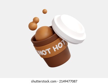 3D Spilled Coffee Paper Cup. Floating Hot Coffee With Drops. Takeaway Drink. Spilling Chocolate Or Cocoa. Realistic Element. Cartoon Creative Icon Design Isolated On White Background. 3D Rendering