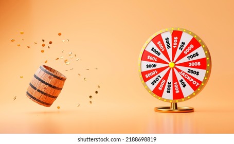 3D Spinning Fortune Wheel And Barrel With Flying Gold Coins On Yellow Background. Realistic 3d Lucky Roulette. Gambling Concept Design. Online Casino. 3d Rendering Illustration.