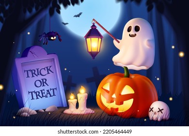 3D Spooky Halloween at graveyard. 3D Rendering cute ghost floating above pumpkin at spooky night in haunted graveyard - Powered by Shutterstock