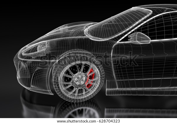 3D sport car vehicle\
blueprint model with a red brake caliper on a black background. 3d\
rendered image