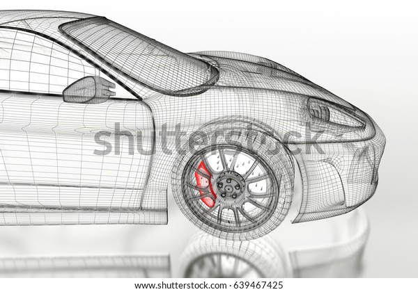 3D sport car vehicle\
blueprint model with a red brake caliper on a white background. 3d\
rendered image