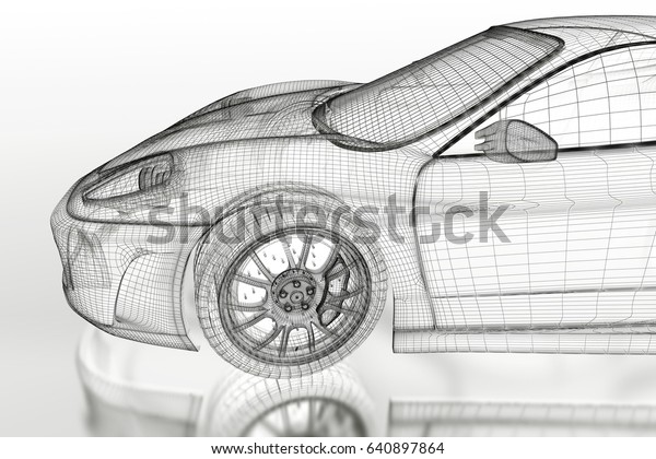 3d sport car vehicle blueprint model on a\
white background. 3d rendered\
image