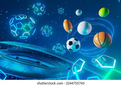 3d sport rendering. background for a sports game. 3d illustration. realistic abstract backdrop. ball object. copy space. tennis soccer basketball golf rugby volleyball elements. neon concept design. - Powered by Shutterstock