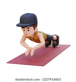 3D Sporty Male Character Performing Clap Push Up Exercise at Home Gym