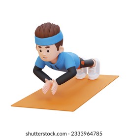 3D Sporty Male Character Performing Clap Push Up Exercise at Home Gym