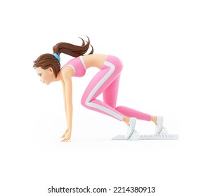 3d Sporty Woman In The Starting Blocks, Illustration Isolated On White Background