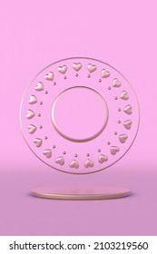 3D St Valentine Day Pink Round Podium, Pedestal With Flying Hearts. Romantic Love Background Vertical Template For Sales Promotion. Creative Minimal Scene For 14 February