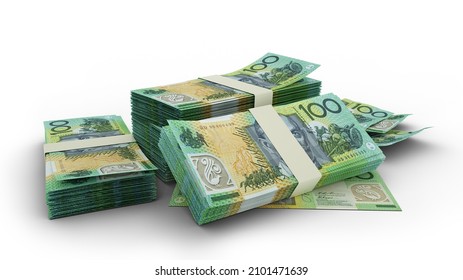 3D Stack of 100 Australian dollar notes isolated on white background
