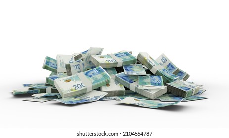 3D Stack of 200 Israeli Shekel notes isolated on white background