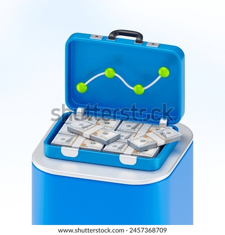 3d stack of banknote in open blue suitcase. isolated on white background. business money finance concept. pedestal or podium. 3d render. illustration.
