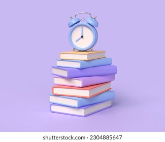 3d stack of books, alarm clock in cartoon style. concept of back to school or getting education, online learning. illustration on purple background. 3d rendering - Powered by Shutterstock