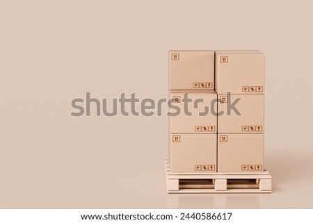 3d Stack of cardboard boxes on wooden pallet icon. Transportation cargo concept. logistic and Warehouse concept. Cartoon Wooden pallet. Isolated on transparent brown background. 3d render illustration