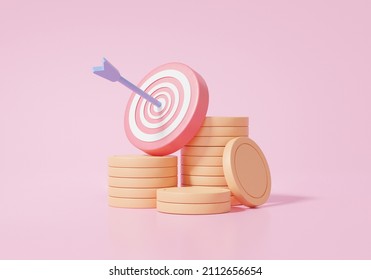 3D Stack Coins, Target Planning Business Financial Growth Cost Reduction Saving Investment Education Concept. Minimal Cartoon On Pink Background. 3d Render Illustration