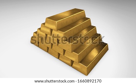 3D Stack of gold bars in a pyramid shape on white background.