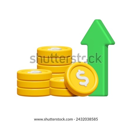 3d stack of gold dollar coins with growth arrow isolated on white background. Business and finance concept design element. Money, coins, investment, profit. Render illustration.