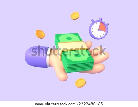 3d stack of green banknotes, gold coins and a stopwatch in the character's hand. financial decision. fast money. Short term loan. business and finance. 3d rendering illustration.