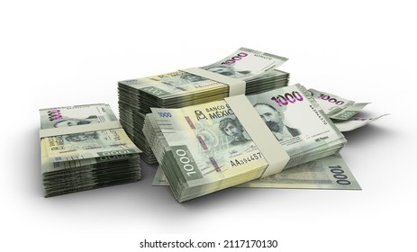 3D Stack of Mexican Peso notes isolated on white background