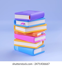 3d stack school book for library render. Textbook education illustration or dictionary pile. Knowledge paper creative learning elements with colorful cover, university cartoon reading. 3D Illustration
