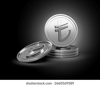 3d Stack Of Silver Turkish Lira Coins Shiny Rounded Coins Stack On dark Background 3d Illustration