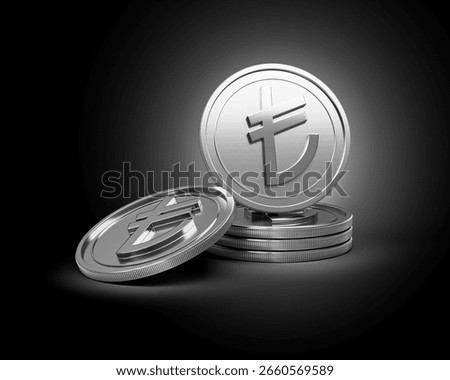 3d Stack Of Silver Turkish Lira Coins Shiny Rounded Coins Stack On dark Background 3d Illustration