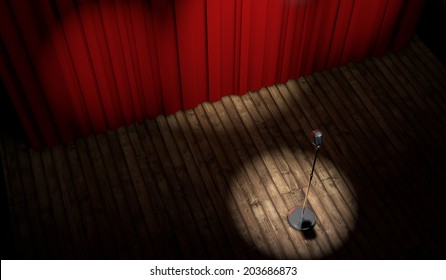 3d Stage With Red Curtain And Vintage Microphone In Spot Light, Top View 