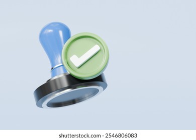 3d Stamp seal with green tick icon symbol. Human resources recruit approved person. Office approves tool document concept. Minimal Cartoon Blue Metal Stamp icon on isolated blue background. 3d render. - Powered by Shutterstock