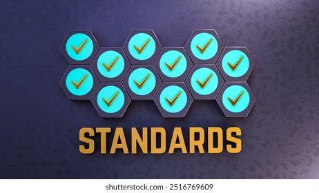 3D "Standards" Text with Checked Checkboxes Representing Compliance and Quality Control. Achieving Standards and Verification in Business Processes Highlighted. 3D Rendering. - Powered by Shutterstock