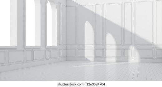 3D stimulate of empty white room with wood plank floor and sun light cast the arch window shadow on the classic wall,Perspective of minimal design architecture,3d rendering	
