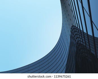 3D Stimulate Of High Rise Curve Glass Building And Dark Steel Window System On Blue Clear Sky Background,Business Concept Of Future Architecture,lookup To The Angle Of The Corner Building.