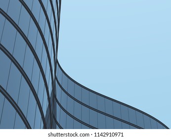 3D Stimulate Of High Rise Curve Glass Building And Dark Steel Window System On Blue Clear Sky Background,Business Concept Of Future Architecture,lookup To The Angle Of The Corner Building.