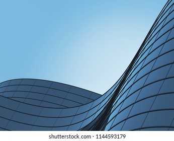 3D Stimulate Of High Rise Curve Glass Building And Dark Steel Window System On Blue Clear Sky Background,Business Concept Of Future Architecture,lookup To The Angle Of The Corner Building.