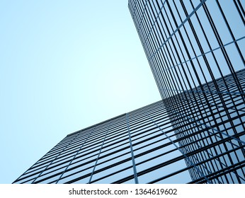 3D Stimulate Of High Rise Curve Glass Building And Dark Steel Window System On Blue Clear Sky Background,Business Concept Of Future Architecture,lookup To The Angle Of The Corner Building.