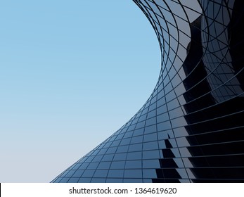 3D Stimulate Of High Rise Curve Glass Building And Dark Steel Window System On Blue Clear Sky Background,Business Concept Of Future Architecture,lookup To The Angle Of The Corner Building.