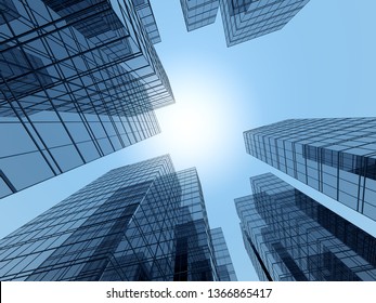 3D Stimulate Of High Rise Curve Glass Building And Dark Steel Window System On Blue Clear Sky Background,Business Concept Of Future Architecture,lookup To The Angle Of The Corner Building.