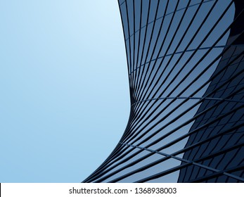 3D Stimulate Of High Rise Curve Glass Building And Dark Steel Window System On Blue Clear Sky Background,Business Concept Of Future Architecture,lookup To The Angle Of The Corner Building.