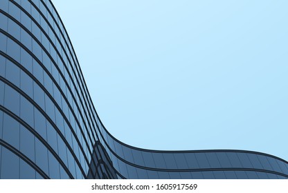 3D Stimulate Of High Rise Curve Glass Building And Dark Steel Window System On Blue Clear Sky Background,Business Concept Of Future Architecture,lookup To The Angle Of The Corner Building.