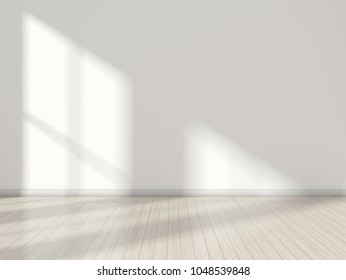 3D Stimulate Of White Room Interior And Wood Plank Floor With Sun Light Cast Shadow On The Wall,Perspective Of Minimal Design Architecture
